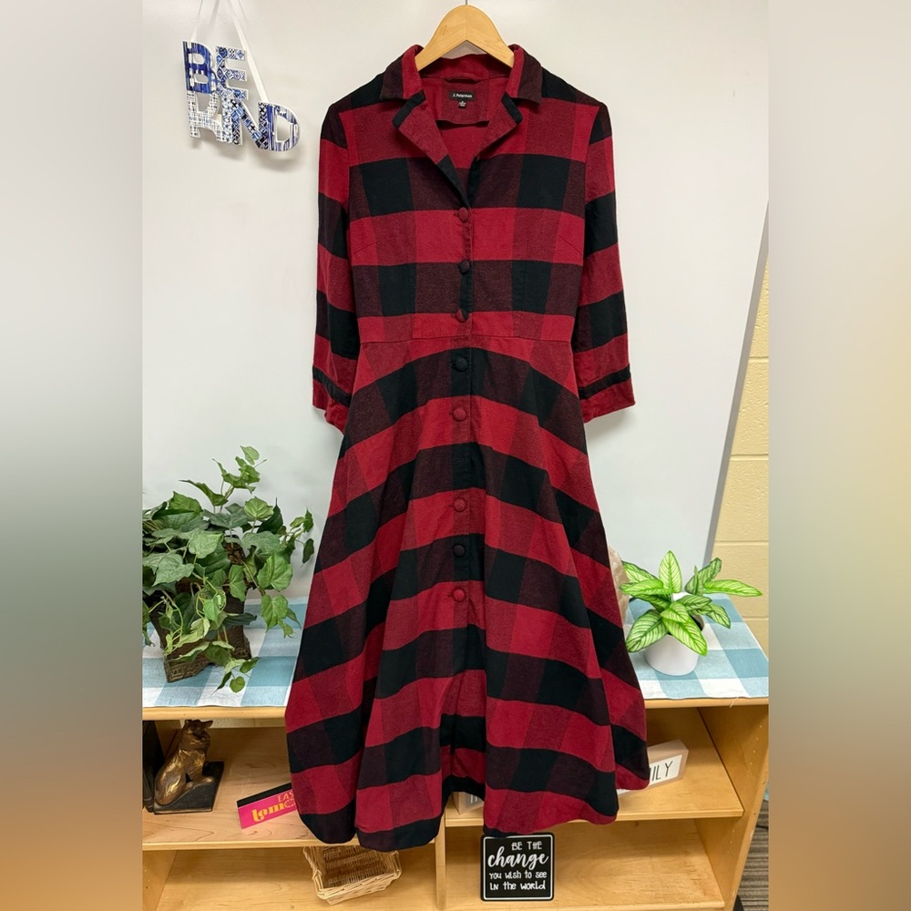 J Peterman Buffalo Check Red Black Cotton Flannel Dress 8 Christmas Holiday Med